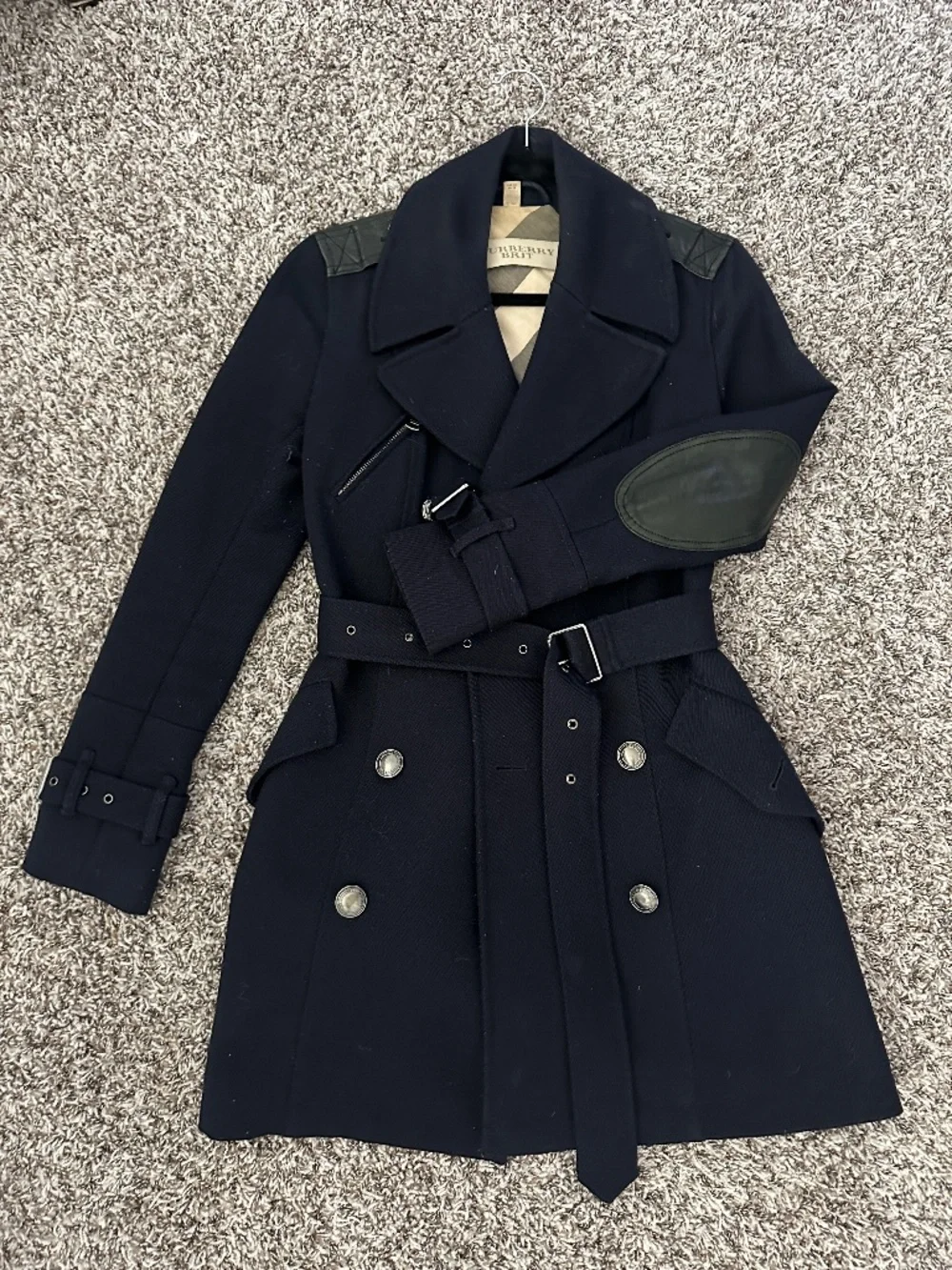 Authentic Burberry Brit Navy Blue Wool & Leather Trench Coat Sz US4 / XS - Picture 2 of 10